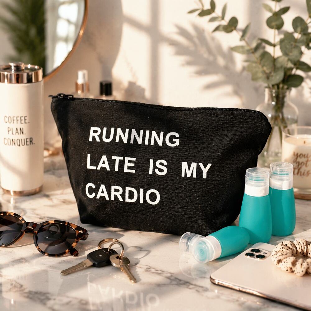 Running Late Is My Cardio Makeup Bag Set w Travel Bottles NEW
